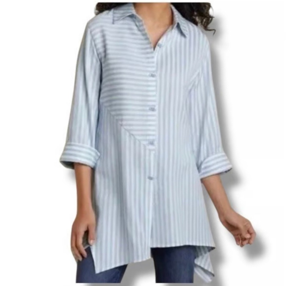 Soft Surroundings Standout Blue Striped Tunic‎ Top Button Down Shirt Womens PXS